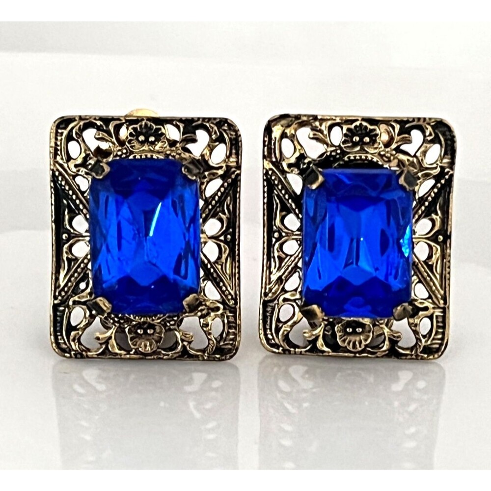 Vintage 1950s Clip Earrings Art Deco Revival Blue Czech Glass Mid Century - 4N